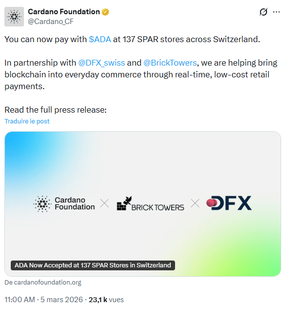 La Cardano Foundation s'associe à DFX.swiss pour proposer les paiements en ADA dans 137 magasins Spar.