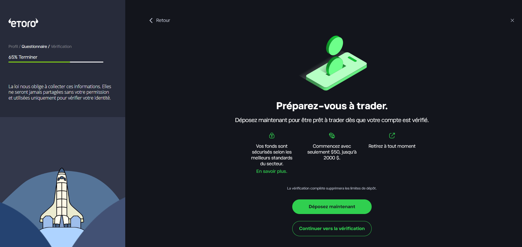 Vous pouvez déposer sur eToro avant de passer la vérification d'identité