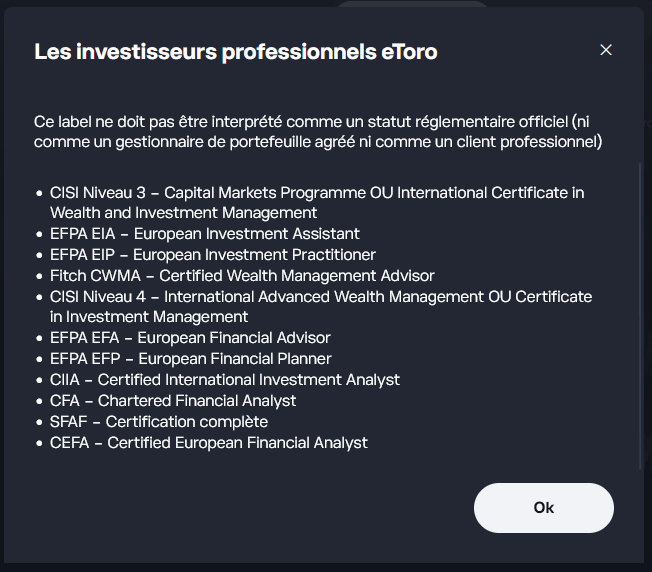 Liste des certifications pour être considéré comme un professionnel par eToro.