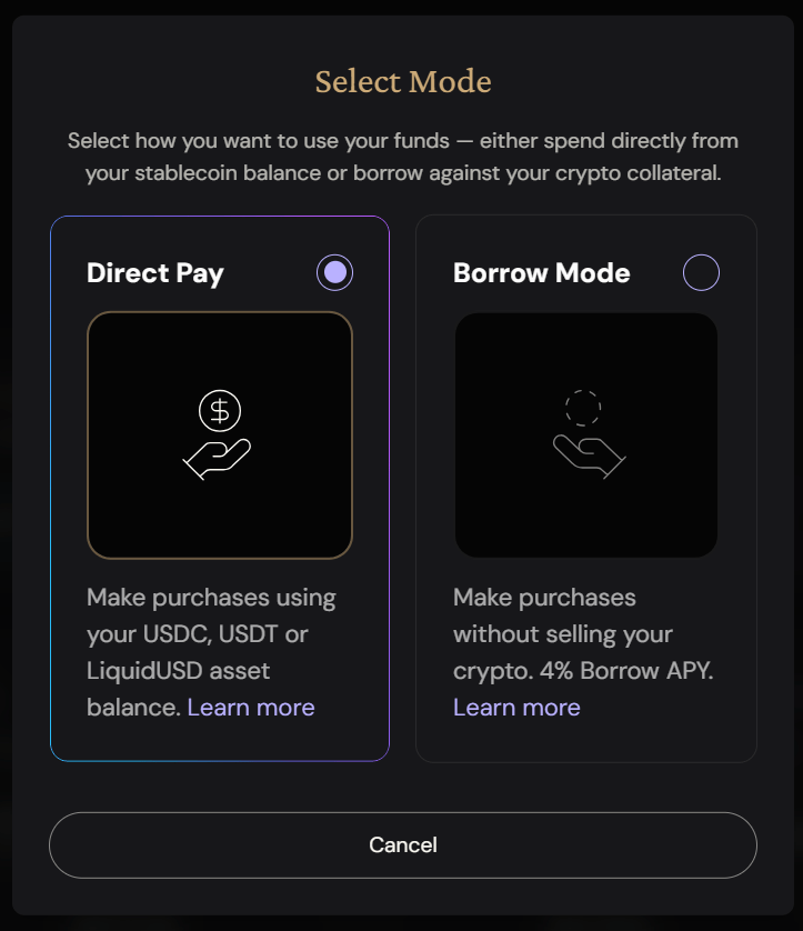 Choix du mode de paiement sur Ether.fi