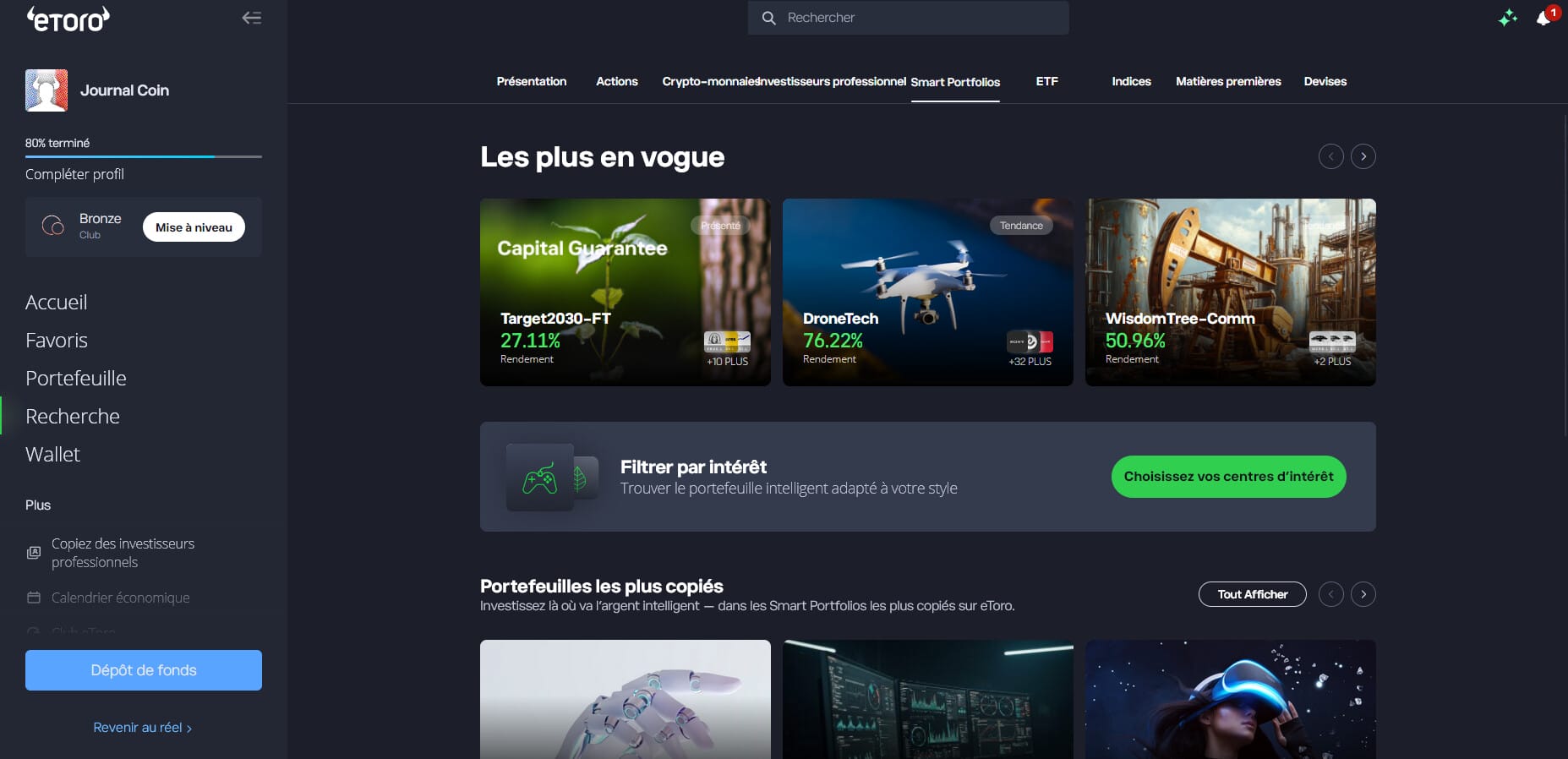 Le portefeuille intelligent sur eToro permet de voir la proportion des divers actifs possédés par les investisseurs les plus rentables de la plateforme