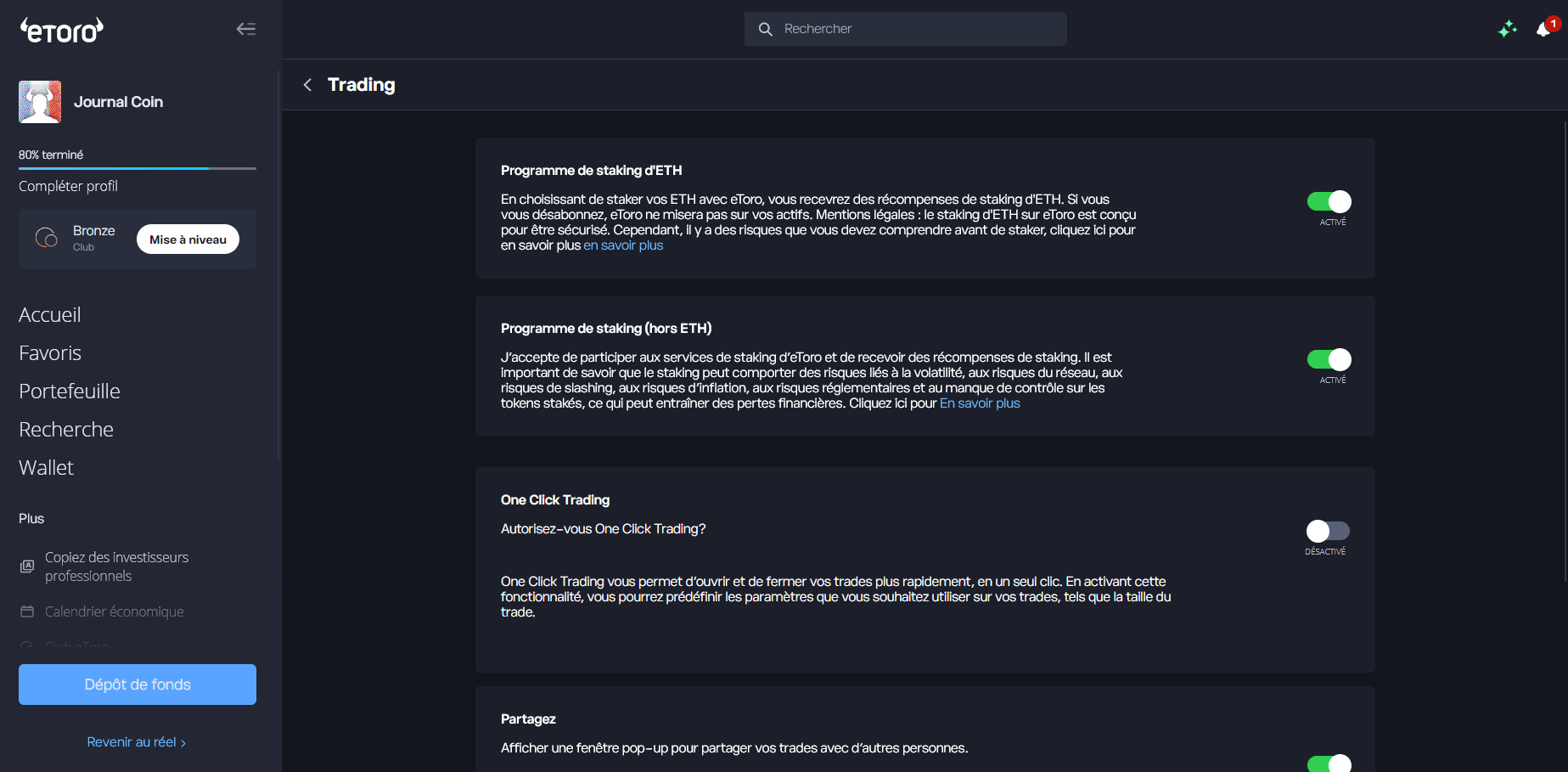 Le staking sur eToro est très avantageux car il ne vous empêche pas de trader vos jetons comme si ces derniers n'étaient pas jalonnés