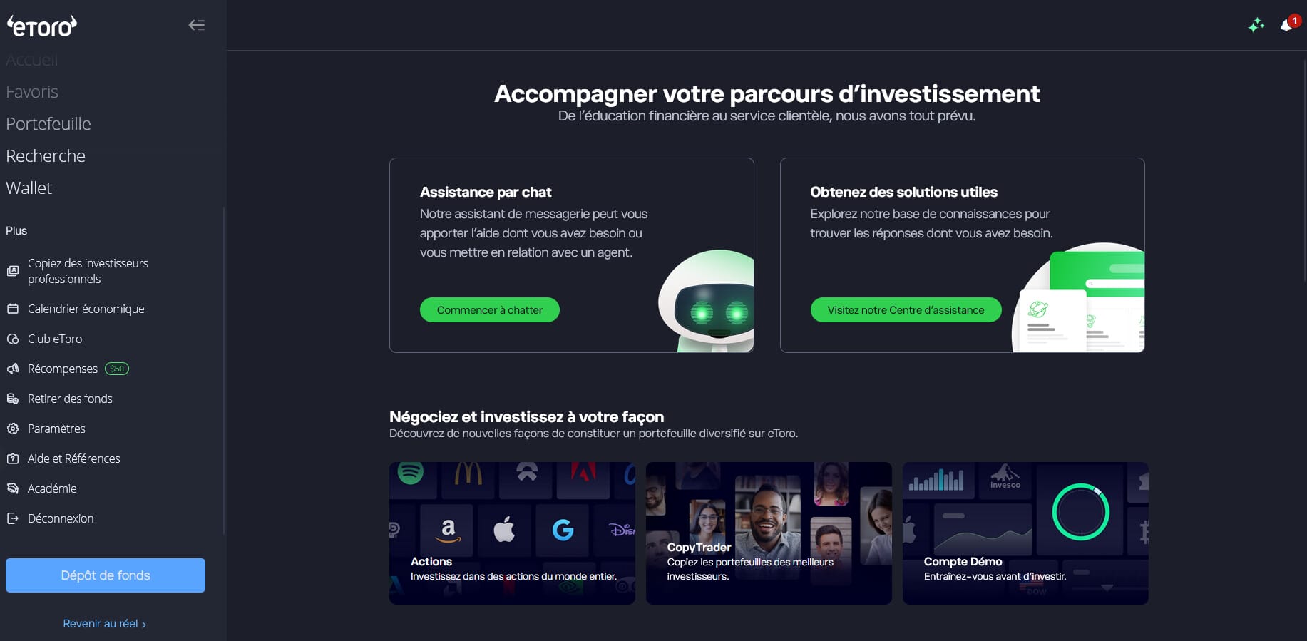 Le service client d'eToro est très réactif.