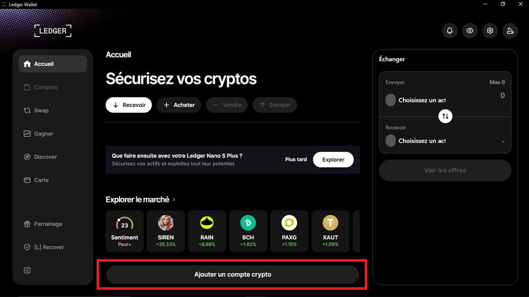Ajouter un compte crypto à Ledger Wallet