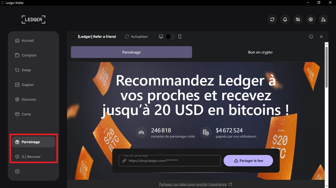 Le parrainage Ledger permet de gagner des BTC