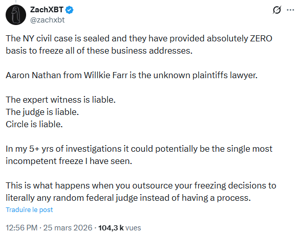 Circle a-t-il geler des stablecoins USDC sans raison ? C’est ce que pense ZachXBT.