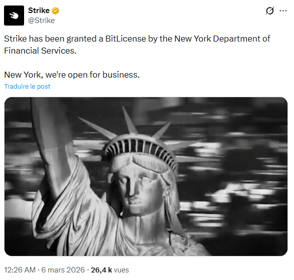 Strike obtient la BitLicense à New York et va pouvoir y proposer ces services liés à Bitcoin.