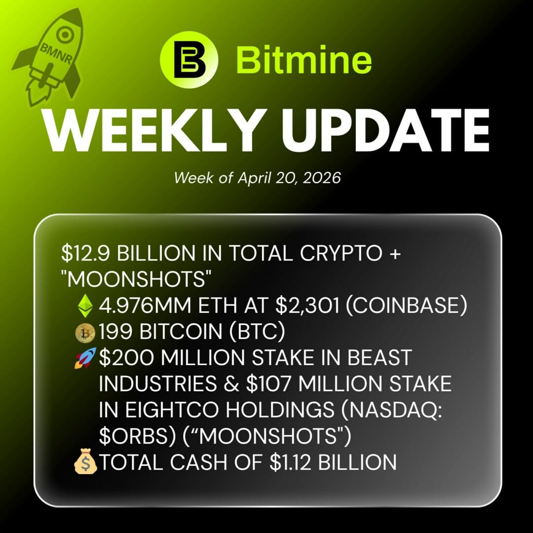 Bitmine se rapproche de son objectif de détenir 5% de tous les ETH d’Ethereum.