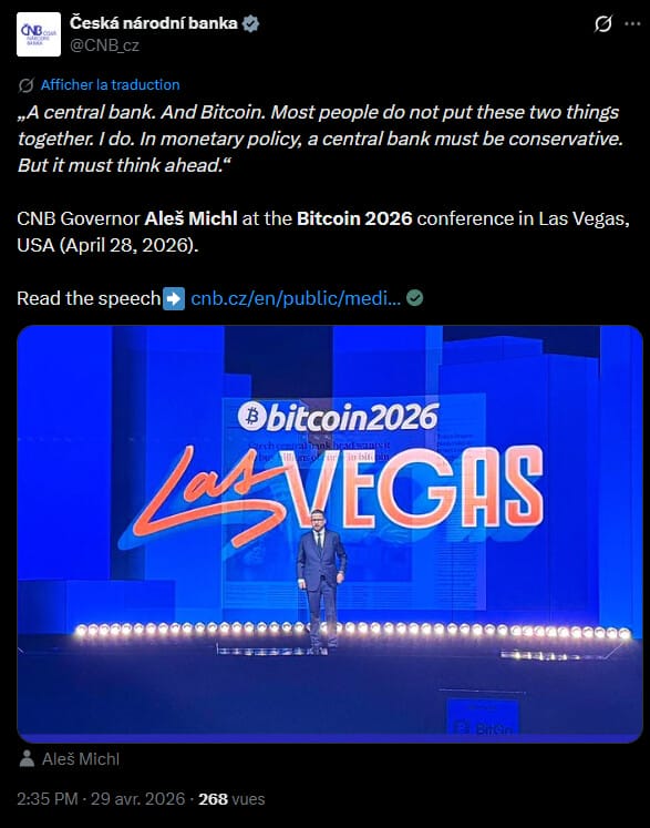 La Banque nationale tchèque (CNB) adopte une position singulière en intégrant les actifs numériques dans sa réflexion stratégique sur la gestion des réserves de change. Lors d'une intervention à la conférence Bitcoin 2026 à Las Vegas, le gouverneur de l'institution, Aleš Michl, a détaillé l'approche pragmatique de son pays. Bien que la banque centrale maintienne une ligne monétaire conservatrice, elle a mis en place un portefeuille de test incluant du bitcoin. Cette démarche vise à acquérir une expérience directe de la technologie blockchain sans compromettre la stabilité des réserves nationales, qui s'élèvent à environ 180 milliards de dollars, soit 44 % du produit intérieur brut tchèque.