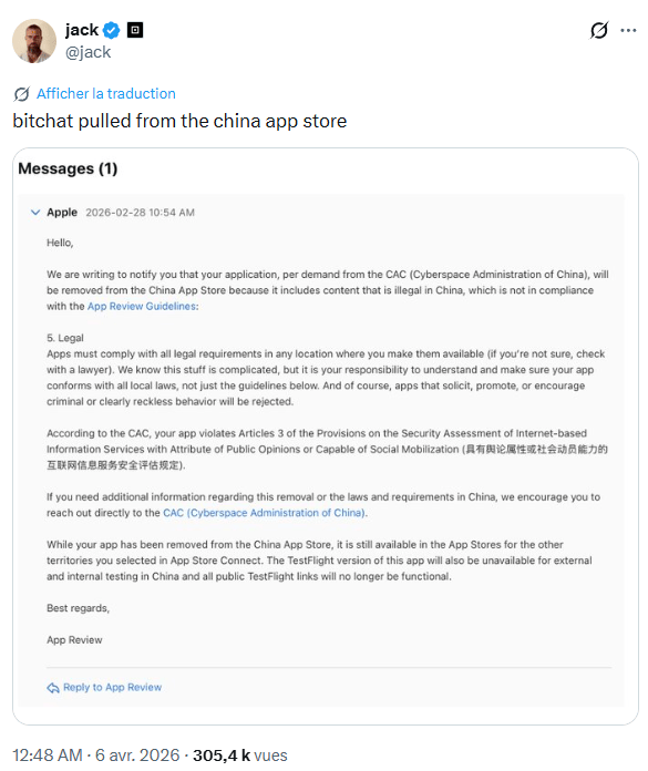 L’application de messagerie Bitchat retirée de l’App Store en Chine.