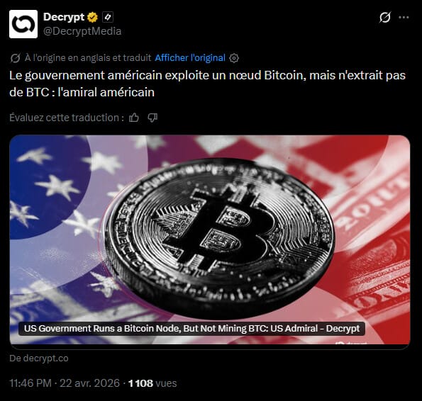 Le commandement militaire des États-Unis intègre désormais les technologies de registres distribués dans ses protocoles de recherche. Lors d'une audition devant la commission des services armés de la Chambre des représentants le 22 avril, l'amiral Samuel Paparo a confirmé que le gouvernement américain exploite actuellement un nœud sur le réseau Bitcoin. Cette initiative s'inscrit dans une phase d'expérimentation technique visant à évaluer les capacités de sécurisation des réseaux informatiques par la cryptographie. Contrairement aux acteurs privés, l'institution militaire privilégie ici les propriétés informatiques du protocole plutôt que sa fonction de réserve de valeur financière, mais quand même...