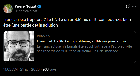 La Banque Nationale Suisse (BNS) fait face à une appréciation notable du franc, qui atteint des niveaux historiques face à l'euro et au dollar. Le 2 mars dernier, l'institution a rompu son silence habituel pour annoncer une possible intervention sur le marché des changes. Cette déclaration spontanée souligne l'urgence de la situation pour l'industrie et le tourisme helvétiques, alors que l'inflation frôle la zone négative. Dans ce contexte, la stratégie classique consistant à accumuler des dollars et des obligations américaines montre des limites opérationnelles, incitant certains observateurs à examiner des alternatives de diversification souveraine. Et il serait même question de Bitcoin...