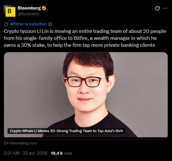 La société de gestion de patrimoine Bitfire Group, cotée à la bourse de Hong Kong, annonce l'acquisition des systèmes de trading et du personnel spécialisé d'Avenir Group. Cette opération, évaluée à 1,6 million de dollars, marque un transfert notable des activités privées du milliardaire Li Lin vers une structure publique dont il demeure le principal actionnaire. En intégrant les ressources de son propre family office, Li Lin positionne Bitfire pour répondre à une demande institutionnelle croissante dans un cadre réglementé. Cette manœuvre intervient alors que Hong Kong consolide son statut de plateforme financière pour la crypto, contrastant avec les restrictions maintenues en Chine continentale.