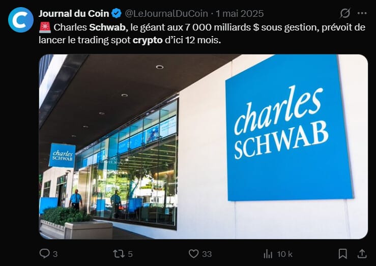 Le géant américain du courtage, Charles Schwab, a annoncé le lancement prochain de Schwab Crypto, un service permettant à ses clients particuliers de négocier directement des actifs numériques au comptant (spot). Cette initiative, qui fera l'objet d'un déploiement progressif dans les semaines à venir, répond à une demande croissante des investisseurs pour une gestion unifiée de leurs portefeuilles. Selon une étude interne menée auprès de 500 investisseurs actuels et potentiels, les utilisateurs privilégient la réputation de l'institution, la sécurité des avoirs et une tarification transparente. En proposant un accès direct au Bitcoin et à l'Ethereum, Charles Schwab entend ainsi centraliser l'expérience d'investissement au sein de son écosystème bancaire et financier habituel. 