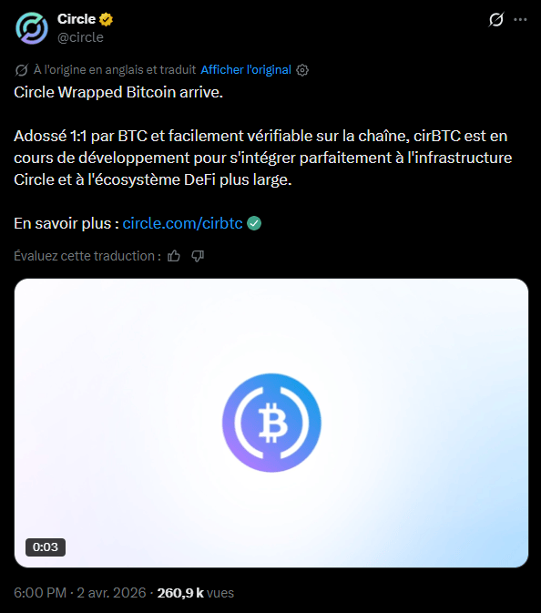  L'émetteur de stablecoins Circle a annoncé jeudi le lancement prochain de son propre actif adossé au Bitcoin, dénommé cirBTC. Ce nouveau produit vise à offrir une solution de « wrapped Bitcoin » (Bitcoin emballé) conçue spécifiquement pour les besoins des institutions financières, des pupitres de négociation de gré à gré (OTC) et des protocoles de prêt. Adossé à un ratio de 1:1 par du bitcoin natif, le cirBTC s'intégrera directement dans l'infrastructure existante de Circle, notamment ses plateformes Mint et Arc. Cette initiative intervient alors que la demande institutionnelle pour utiliser le bitcoin comme garantie ou liquidité sur d'autres réseaux, particulièrement Ethereum, maintient une progression notable.
