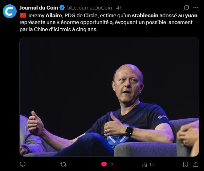 Le directeur général de Circle, Jeremy Allaire, anticipe une expansion notable du yuan numérique sous forme de stablecoin d'ici trois à cinq ans. Lors d'un entretien accordé à Reuters ce jeudi 16 avril, le dirigeant de l'émetteur de l'USDC a souligné que l'intégration des actifs numériques dans le commerce mondial représente une opportunité pour l'internationalisation de la devise chinoise. Dans un contexte de concurrence monétaire accrue, Allaire considère que les stablecoins offrent une infrastructure technologique performante pour faciliter les paiements transfrontaliers. Selon lui, cette évolution permettrait à la Chine d'exporter plus efficacement sa monnaie, en lui conférant des caractéristiques techniques adaptées aux nouveaux standards de la finance décentralisée.