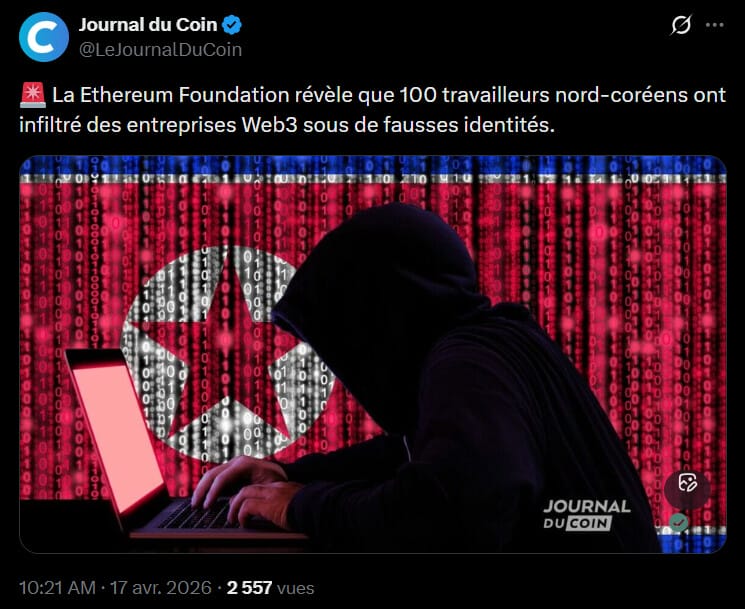 L'Ethereum Foundation a récemment publié le bilan de son programme « ETH Rangers », une initiative lancée fin 2024 pour soutenir financièrement des projets de sécurité d'utilité publique. Parmi les bénéficiaires, le projet Ketman a mené une enquête de six mois ciblant l'infiltration de développeurs liés à la Corée du Nord au sein d'organisations Web3. Selon les conclusions partagées ce jeudi 17 avril, cette opération a permis d'identifier 100 travailleurs opérant sous de fausses identités. Les responsables du programme ont déjà contacté 53 protocoles afin de les alerter sur la présence potentielle d'agents de la République populaire démocratique de Corée (RPDC) dans leurs équipes techniques. Ça fait froid dans le dos. 