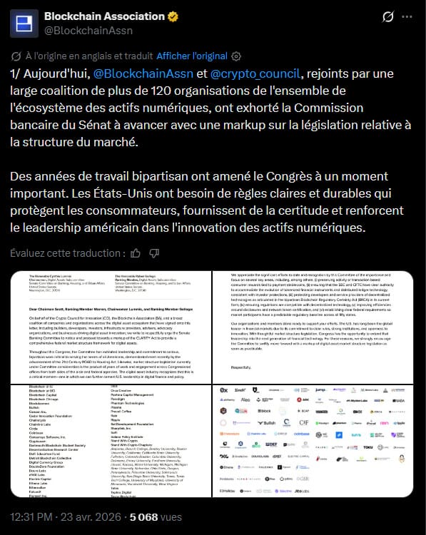  Le cadre législatif des actifs numériques aux États-Unis fait l'objet d'une pression croissante de la part du secteur privé. Une coalition regroupant plus de 100 entités, dont des acteurs majeurs de la crypto comme Coinbase, Ripple et Circle, a adressé une demande formelle au comité sénatorial des banques le 21 avril dernier. Ce groupement sollicite le passage à l'étape du markup pour le Clarity Act, un projet de loi visant à instaurer une structure fédérale harmonisée. Cette initiative intervient dans un contexte où les entreprises déplorent l'absence de règles pérennes, soulignant que les seules interventions des agences gouvernementales ne suffisent plus à garantir la stabilité juridique nécessaire au développement technologique.