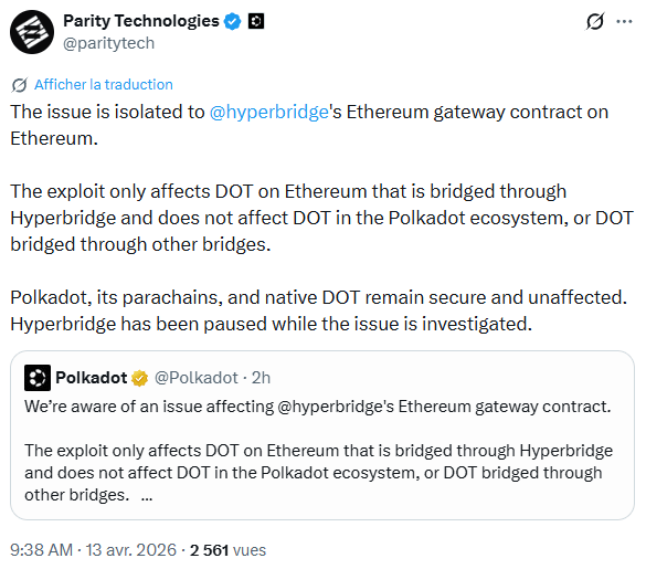 Un hacker parvient créé 1 milliard de DOT de Polkadot sur Ethereum via Hyperbridge.