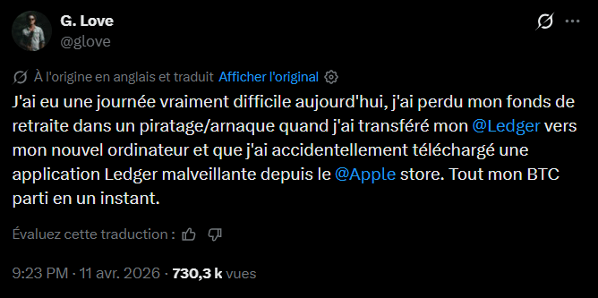 L'augmentation des incidents de cybersécurité liés aux actifs numériques touche désormais des figures publiques, illustrant la sophistication croissante des méthodes de fraude. Le musicien américain Garrett Dutton, connu sous le nom de scène G. Love, a récemment annoncé la perte de 5,9 BTC, soit environ 420 000 dollars. Cet incident résulte de l'installation d'une application malveillante imitant le logiciel officiel Ledger sur un nouvel ordinateur. En saisissant sa phrase de récupération dans cette interface frauduleuse, l'artiste a permis aux attaquants de vider l'intégralité de son fonds de retraite accumulé sur une décennie. Cette situation met en lumière les risques persistants associés à la gestion personnelle des clés privées Bitcoin et à la sécurité des boutiques d'applications tierces.