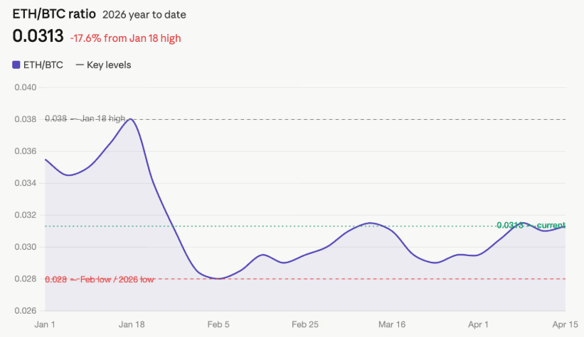 Le marché des actifs numériques enregistre actuellement une performance notable de l'ether par rapport au bitcoin. Ce mercredi 15 avril, le ratio ETH/BTC s'établit aux alentours de 0,0313, atteignant son plus haut niveau depuis trois mois. Cette progression marque un redressement par rapport au point bas de l'année enregistré en février, bien que la valeur demeure inférieure aux sommets de janvier dernier. Cette dynamique suggère un retour progressif de l'appétit pour le risque, l'ETH surpassant légèrement la progression du BTC sur les sept derniers jours. Ce mouvement s'appuie sur une activité réseau particulièrement dense et des flux de capitaux importants vers les infrastructures de la blockchain Ethereum.