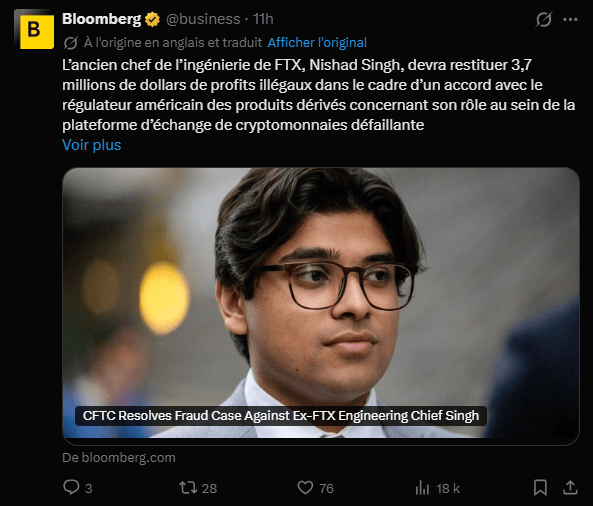 La Commodity Futures Trading Commission (CFTC) a annoncé, ce mercredi 1ᵉʳ avril 2026, la résolution définitive de son action en justice contre Nishad Singh, l'ancien directeur de l'ingénierie de la plateforme FTX. Le tribunal du district sud de New York a validé une ordonnance de consentement supplémentaire (supplemental consent order) qui impose à l'intéressé le reversement de 3,7 millions de dollars au titre de la restitution des gains illicites (disgorgement). Ce règlement intervient plus de trois ans après l'effondrement de l'entreprise et marque une étape importante dans les procédures de recouvrement et de sanctions liées à l'une des fraudes financières les plus importantes de la décennie. En échange de sa coopération active, le régulateur a accepté de ne pas réclamer de sanctions pécuniaires civiles supplémentaires, soulignant l'importance de l'aide matérielle fournie par Nishad Singh durant l'enquête.