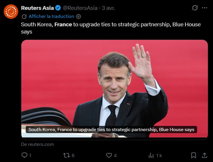 La France et la Corée du Sud ont scellé un rapprochement diplomatique et économique majeur ce vendredi 3 avril. À l'occasion d'une visite officielle à Séoul, le président français Emmanuel Macron et son homologue sud-coréen Lee Jae-myung ont officialisé un partenariat stratégique global. Cette alliance vise à renforcer la coopération dans des secteurs sensibles comme la défense, l'énergie et les technologies numériques. Les deux chefs d'État affichent une convergence de vues sur les crises internationales actuelles, soulignant la nécessité de garantir la stabilité en Ukraine, au Moyen-Orient et dans la péninsule coréenne. Cet accord fixe également des objectifs commerciaux ambitieux, avec la volonté de porter le volume des échanges bilatéraux à 20 milliards de dollars d'ici 2030.