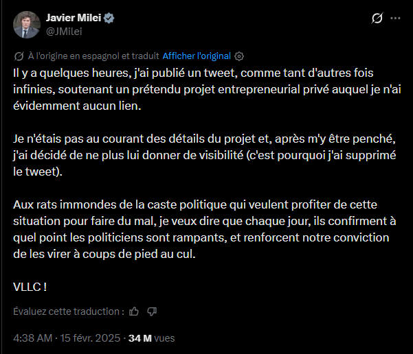  L’administration du président argentin Javier Milei fait face à de nouvelles révélations judiciaires remettant en cause ses dénégations concernant le lancement de la cryptomonnaie Libra. En février 2025, la promotion de ce jeton par le chef de l’État sur le réseau social X avait provoqué une hausse rapide de sa valeur avant un effondrement quasi immédiat. Ce mouvement, qualifié de « rug pull » par les observateurs techniques, a entraîné des pertes estimées à environ 250 millions de dollars pour les investisseurs. Si Javier Milei a initialement affirmé n'avoir aucun lien avec ce projet privé, des relevés téléphoniques et des messages récupérés par la justice argentine suggèrent une coordination directe avec les organisateurs de l'opération. Voici les dernières informations à ce sujet. 