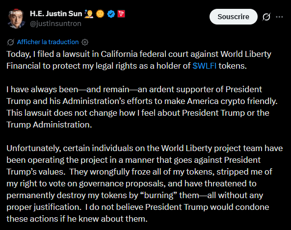 Justin Sun, fondateur du réseau Tron et investisseur majeur du projet World Liberty Financial (WLF), a déposé une plainte devant un tribunal fédéral de Californie ces dernières heures. Cette action judiciaire vise la direction du protocole soutenu par la famille Trump. L'investisseur dénonce le gel de ses actifs et des menaces de destruction de ses jetons WLFI. Malgré cette procédure, Justin Sun réaffirme son soutien politique à l'administration Trump, tout en attribuant les dysfonctionnements actuels à certains membres opérationnels de l'équipe du projet.
