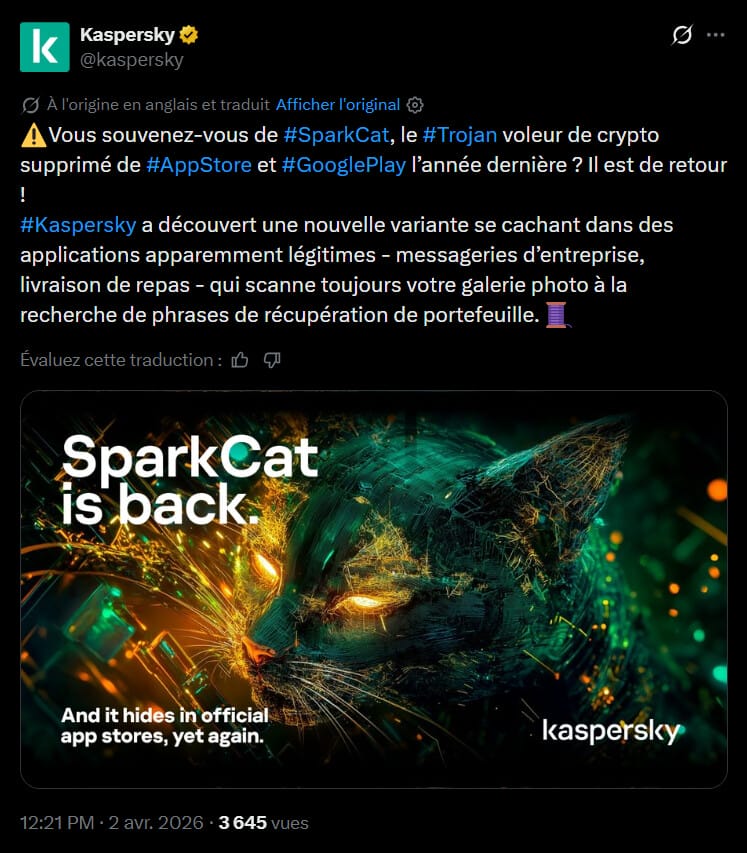 Le laboratoire de recherche en cybersécurité Kaspersky a récemment révélé la présence de 26 applications malveillantes sur l'App Store d'Apple. Ces programmes imitent des services de gestion d'actifs numériques reconnus comme des wallets crypto, afin de dérober les fonds des utilisateurs et, selon les analyses publiées le 20 avril, cette campagne d'attaque reste active depuis l'automne 2025. À partir de certains indices, les experts attribuent cette opération au groupe SparkKitty, mais il n'y a actuellement aucune certitude en la matière. Enfin, bien que les détections initiales concernent majoritairement des utilisateurs en Chine, où les applications officielles sont souvent absentes du magasin régional, la menace ne présente aucune restriction géographique technique.