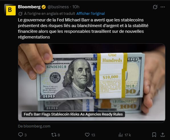Le gouverneur de la Réserve fédérale, Michael Barr, a récemment réitéré l'importance d'un encadrement strict pour les émetteurs de stablecoins. Lors d'une intervention ce mardi, il a souligné les risques inhérents à ces actifs numériques indexés sur le dollar, tout en rappelant les enjeux liés à la mise en œuvre de la législation en vigueur. Michael Barr s'est particulièrement concentré sur la loi GENIUS (Guiding and Establishing National Innovation for U.S. Stablecoins Act), adoptée par le Congrès l'année dernière, qui pose les premières bases d'un cadre réglementaire. Selon lui, si cette loi apporte une certaine clarté, l'efficacité du système reposera avant tout sur la rigueur des agences fédérales et des États dans l'application des règles de surveillance.