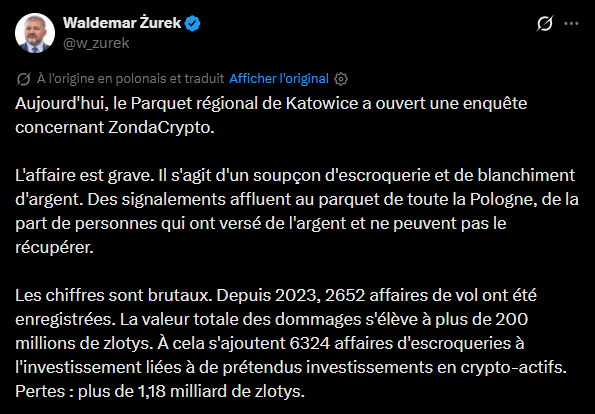 Les autorités polonaises intensifient leurs investigations sur les activités de l'échange Zondacrypto, acteur majeur du secteur en Europe centrale et orientale. À ce jour, les procureurs dénombrent plusieurs centaines de plaignants et estiment les pertes potentielles à au moins 350 millions de zlotys, soit environ 82,8 millions d'euros. Cette procédure fait suite à de nombreux signalements d'utilisateurs incapables de retirer leurs fonds. La situation de l'entreprise s'est dégradée après la démission collective de son conseil de surveillance la semaine dernière, les membres sortants évoquant des incohérences matérielles majeures quant à la disponibilité des actifs des clients.