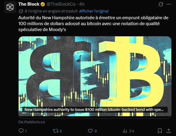 L'État du New Hampshire, qui a déjà adopté une réserve en bitcoins, explore une nouvelle méthode de financement en s'appuyant directement sur la détention d'actifs numériques. Sa Business Finance Authority (BFA) s'apprête en effet à émettre 100 millions de dollars d'obligations garanties par du Bitcoin. Baptisée Waverose Finance Project, cette émission a reçu la note provisoire « Ba2 » de la part de Moody’s Investors Service. Ce projet illustre l'intérêt croissant des entités publiques américaines pour des structures de financement hybrides, associant la dette classique et les actifs numériques.