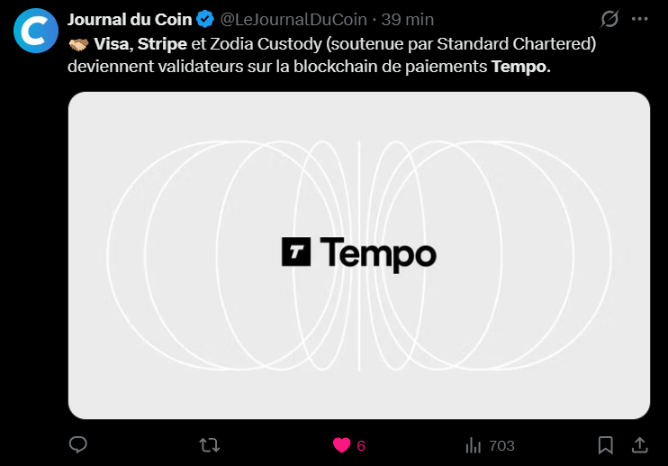 Le réseau blockchain Tempo, spécialisé dans les paiements institutionnels et le règlement de stablecoins, enregistre l'arrivée d'acteurs majeurs de la finance traditionnelle au sein de son infrastructure. Visa, Stripe et Zodia Custody, l'entité de conservation de Standard Chartered, figurent parmi les premiers validateurs externes de ce protocole de couche 1 (Layer 1) compatible avec Ethereum. Cette ouverture marque une phase de décentralisation pour Tempo, qui limitait jusqu'alors la validation des transactions à un cercle restreint d'opérateurs initiaux. L'implication de ces entreprises, qui traitent annuellement des milliers de milliards de dollars, souligne l'intérêt croissant des institutions pour des réseaux capables de supporter des volumes de transactions massifs.