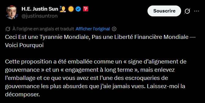 La plateforme de finance décentralisée World Liberty Financial (WLFI), liée à la famille Trump, a soumis ce mercredi une nouvelle proposition de gouvernance visant à restructurer l'accès aux actifs des investisseurs. Le texte prévoit de placer 62,28 milliards de jetons WLFI sous des calendriers de libération prolongés, avec un gel total des fonds durant deux ans, suivi d'une distribution progressive sur deux années supplémentaires. Pour l'équipe fondatrice et les conseillers, le délai de libération s'étalerait même sur cinq ans. Cette initiative inclut également une mesure contraignante : les détenteurs refusant ces nouvelles conditions verraient leurs jetons verrouillés indéfiniment. Selon la direction du projet, ce plan vise à aligner les intérêts des participants sur le long terme et à stabiliser l'offre de jetons sur le marché.