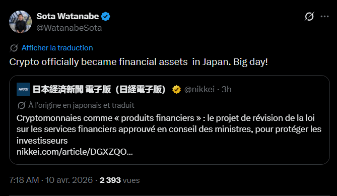 Le gouvernement japonais a adopté en Conseil des ministres, ce vendredi 10 avril, un projet de réforme de la loi sur les instruments financiers et les changes. Cette décision reclasse officiellement la crypto comme un produit financier à part entière, la plaçant sous un régime réglementaire comparable à celui du marché boursier. Ce changement de paradigme juridique marque la volonté des autorités de passer d'une régulation axée sur les moyens de paiement à un encadrement strict des activités d'investissement. Si le texte reçoit l'approbation de la Diète (Parlement), ces nouvelles dispositions entreront en vigueur au cours de l'année fiscale 2027.
