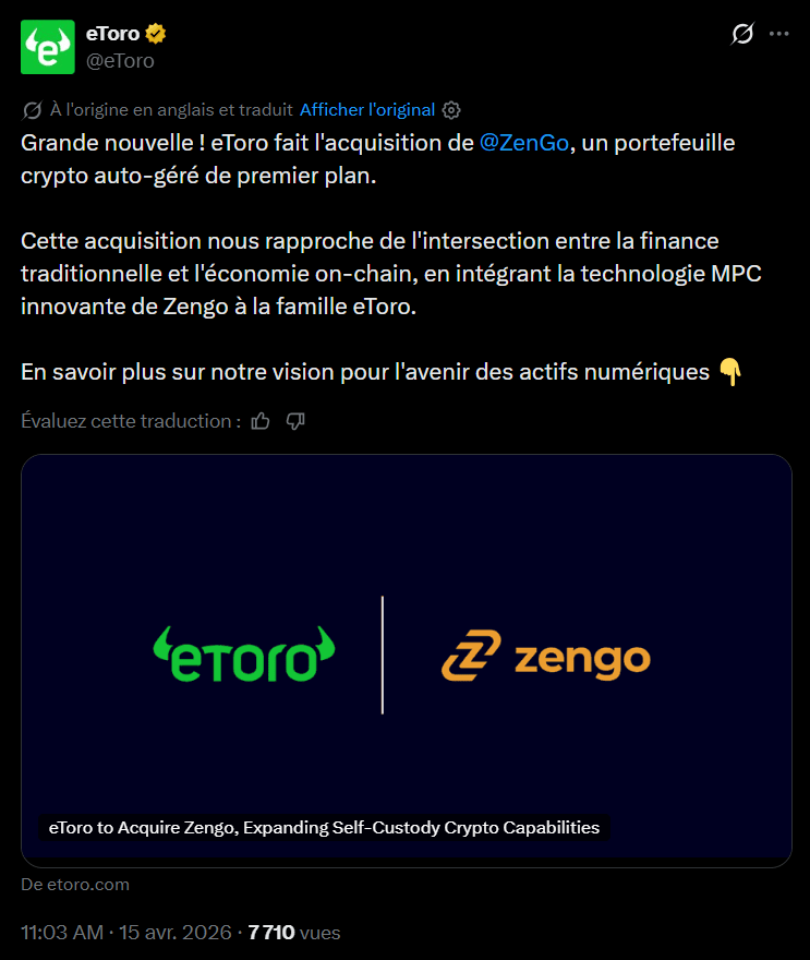 Le courtier international eToro a officialisé l'acquisition de ZenGo, un fournisseur spécialisé dans les portefeuilles numériques autogérés, pour un montant estimé à environ 70 millions de dollars. Cette opération s'inscrit dans une stratégie globale visant à intégrer des solutions de conservation autonome à une plateforme de trading traditionnellement centralisée. En absorbant la technologie de ZenGo, eToro entend répondre à une demande croissante pour le contrôle direct des actifs par les utilisateurs. Ce rapprochement illustre d'ailleurs une tendance de fond où les acteurs majeurs de la finance connectent leurs réseaux de distribution mondiaux aux infrastructures décentralisées. 