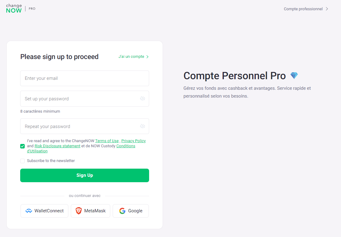 ChangeNOW laisse le choix de créer un compte ou non