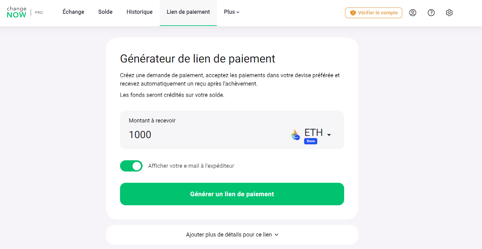 ChangeNOW peemet de créer des lien de paiement