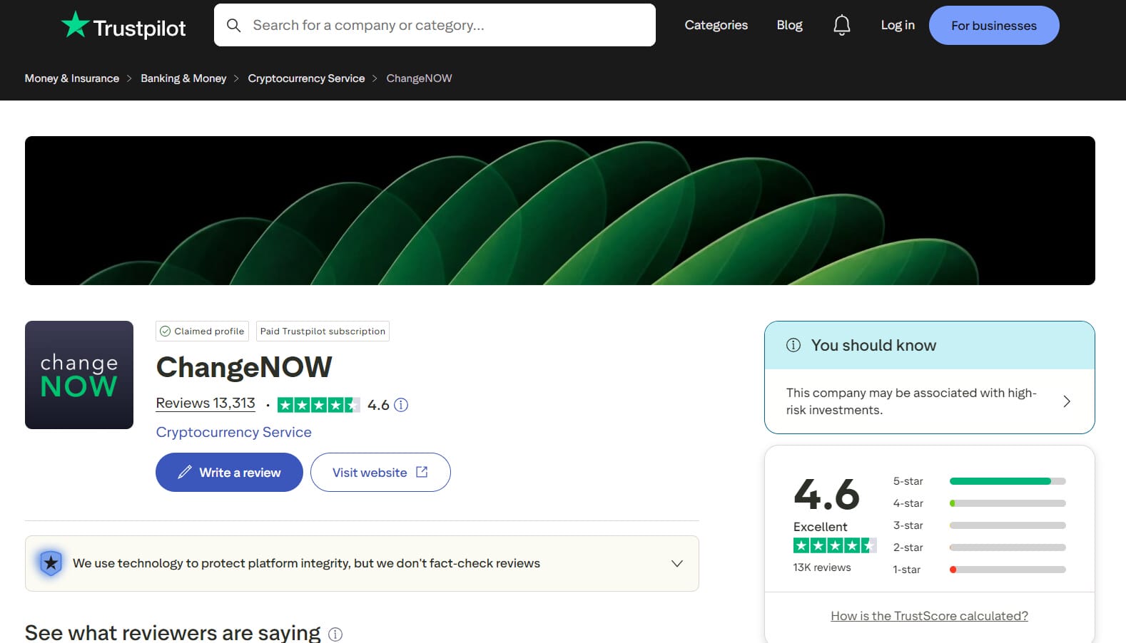 Avis ChangeNOW sur Trustpilot