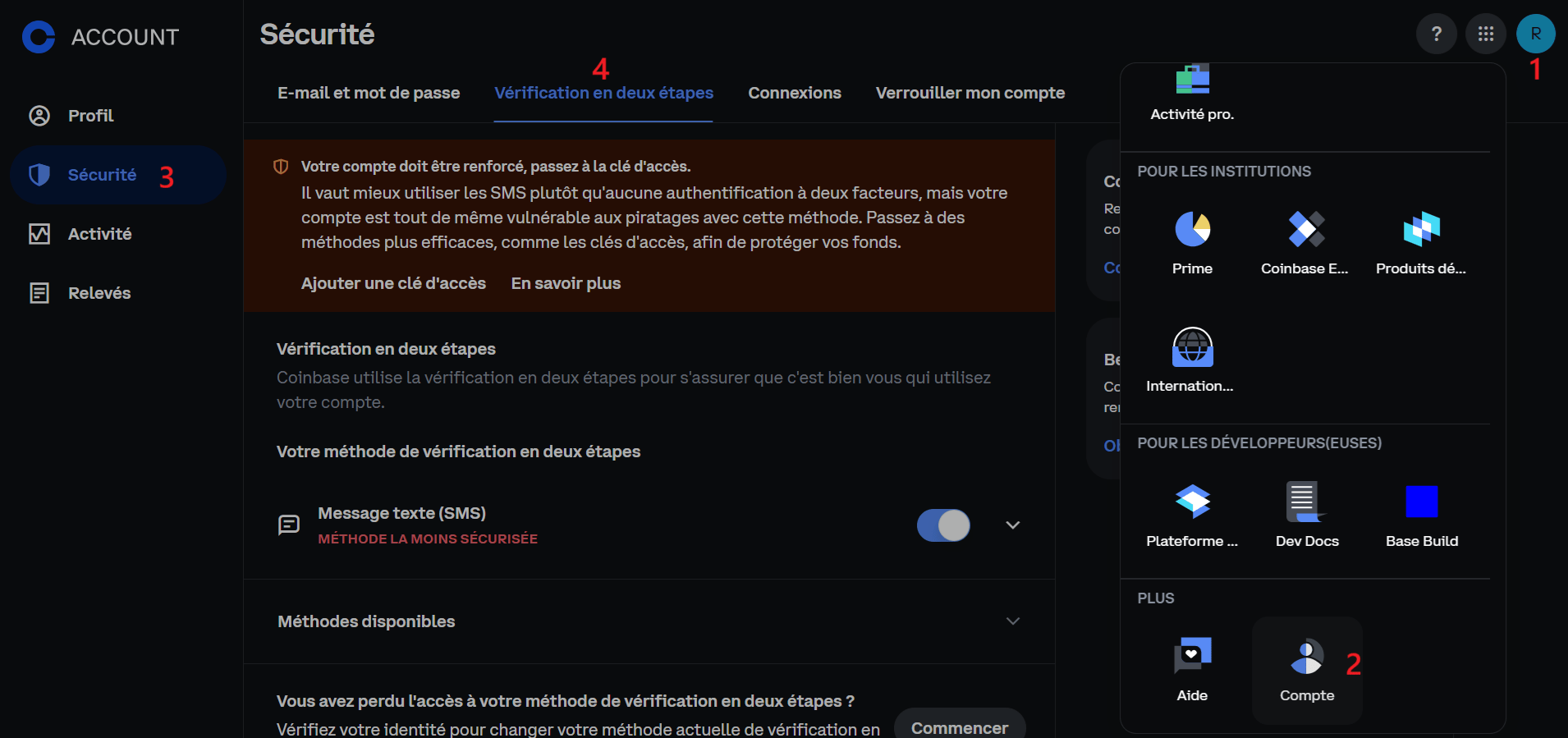 Il est recommandé de sécuriser votre compte Coinbase