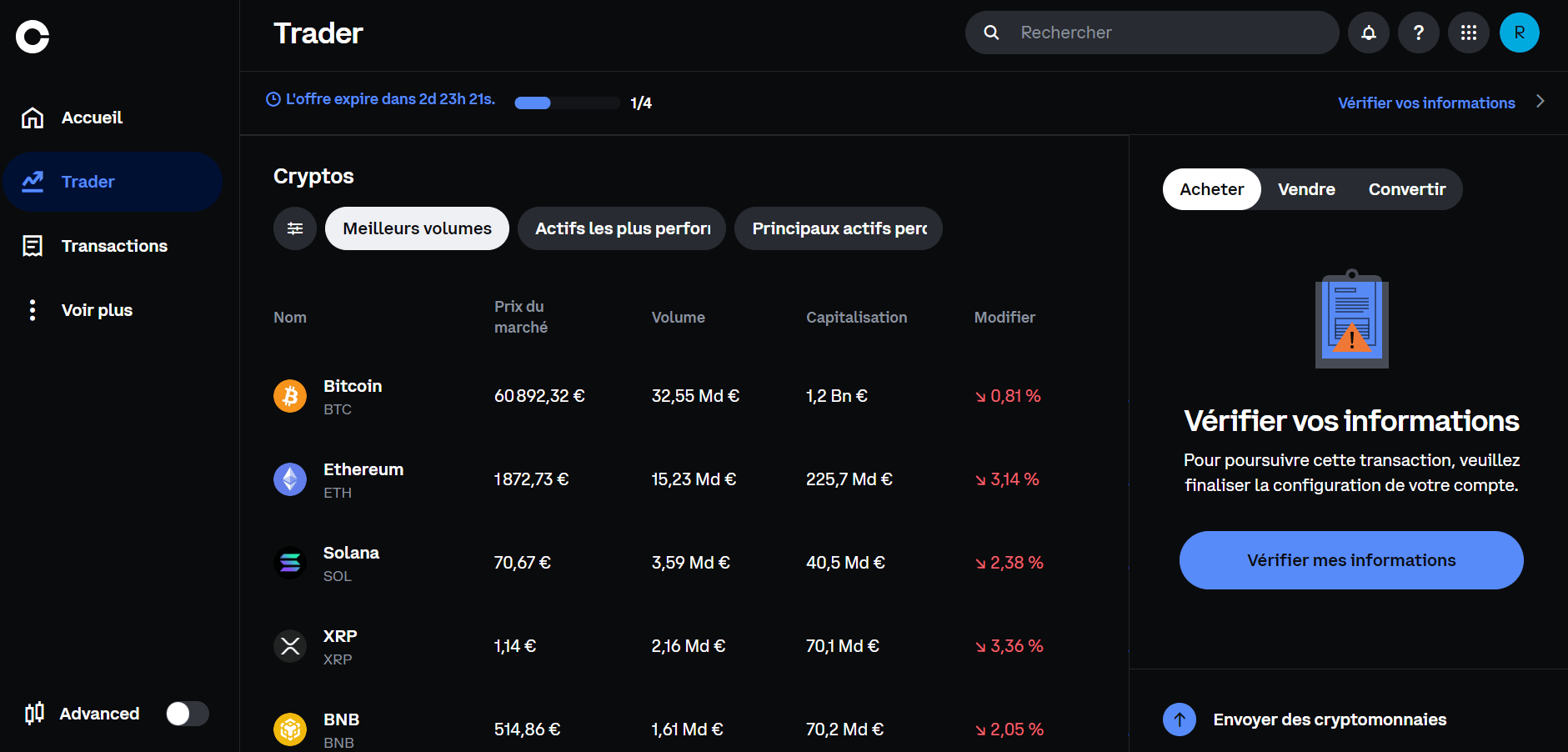 Trader avec Coinbase classique