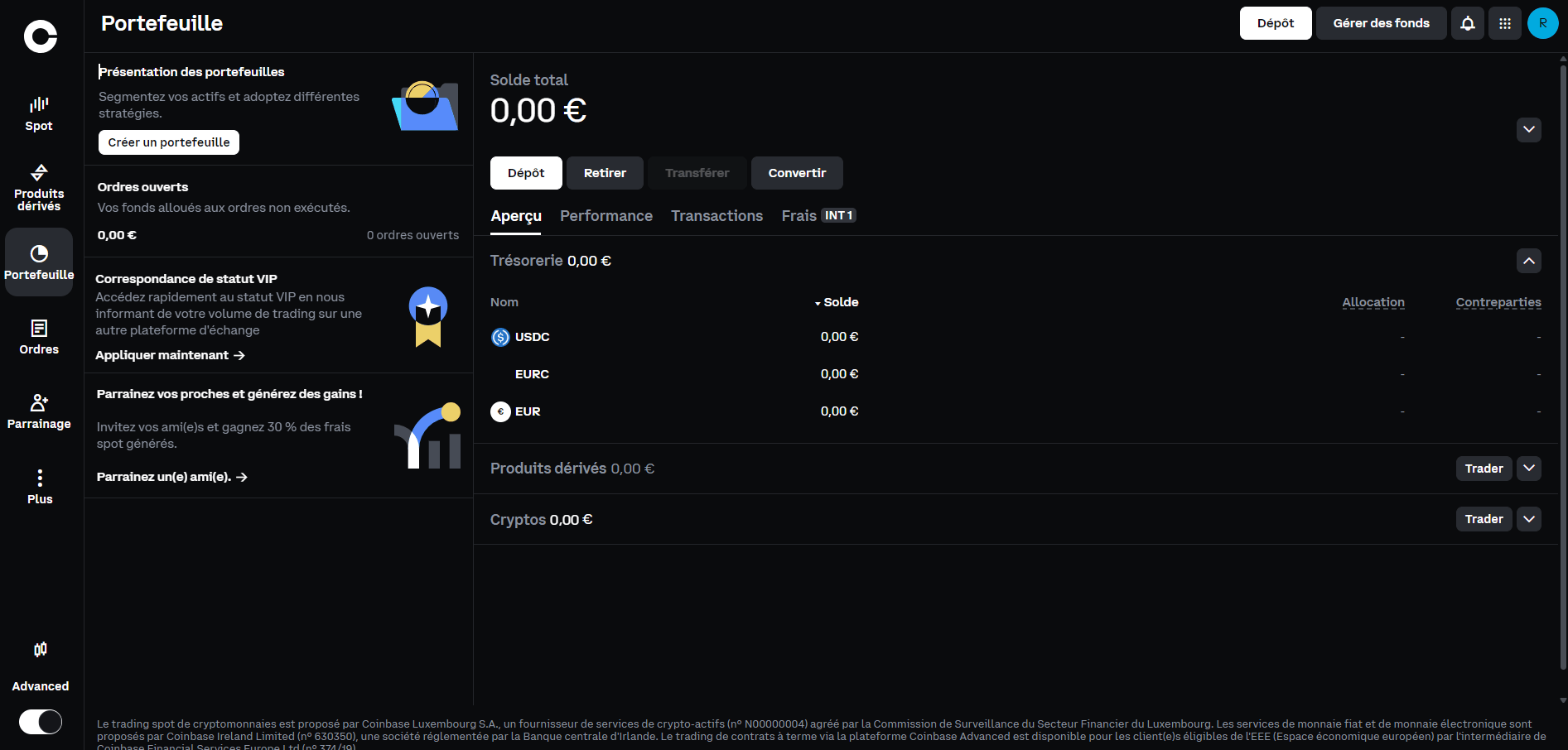 Portefeuille sur Coinbase