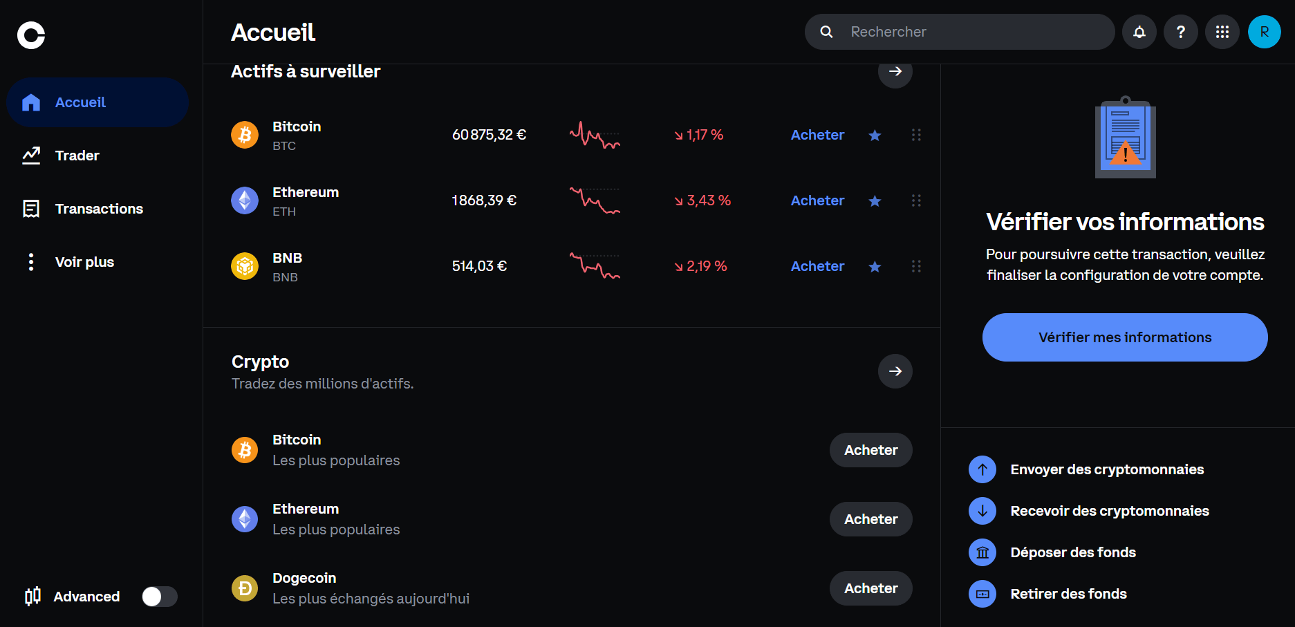 Page d'accueil de Coinbase