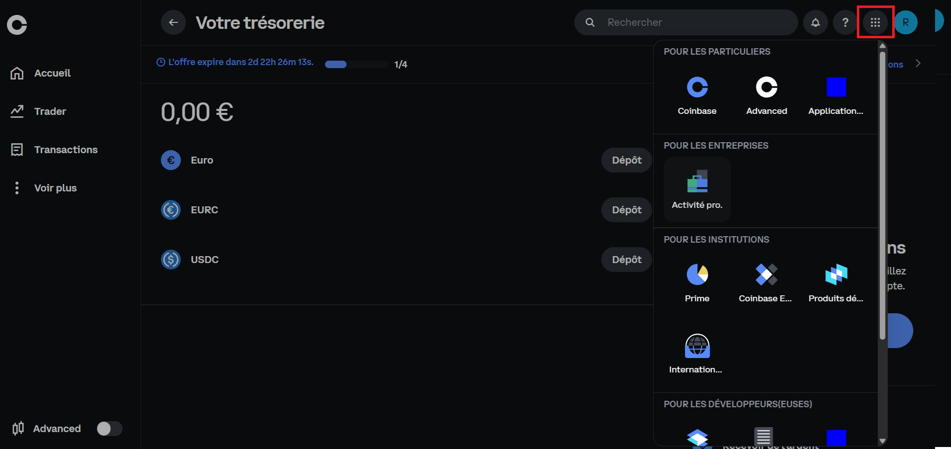 Trésorerie sur Coinbase pour voir voetre solde d'actifs stables.