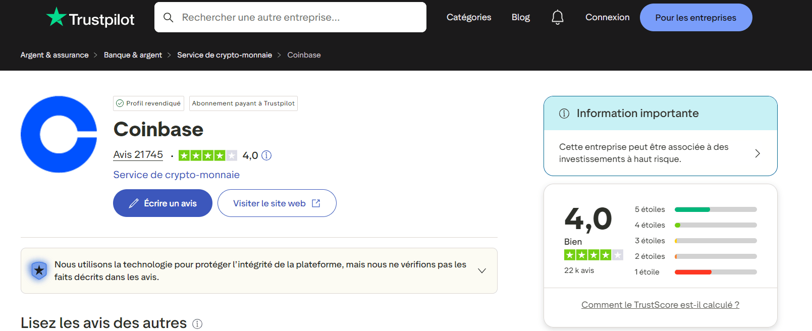 L'avis Trustilot sur Coinbase est bon avec 4/5.