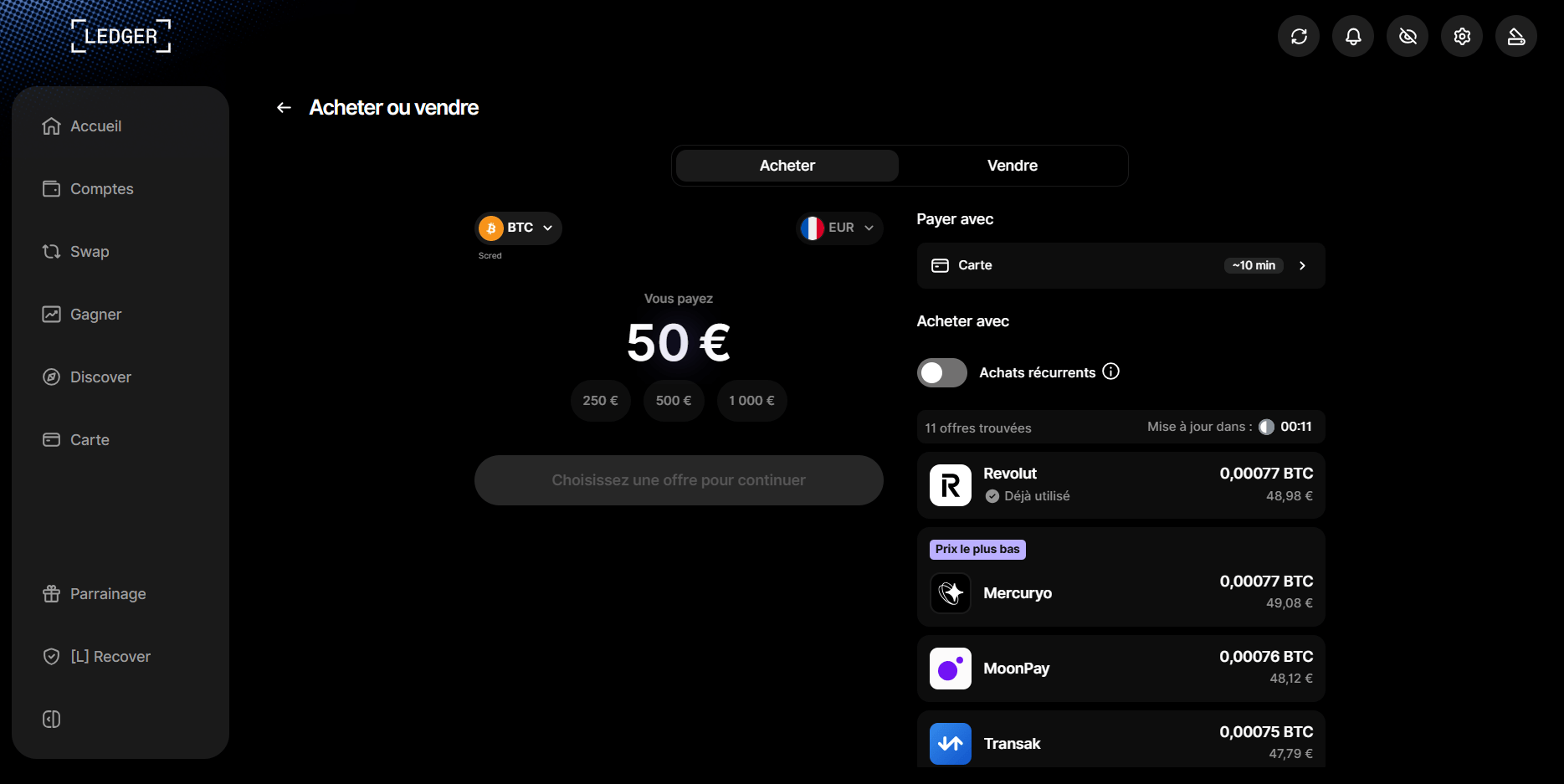 Ledger Wallet permet de vendre et d'acheter des cryptos avec de multiples options