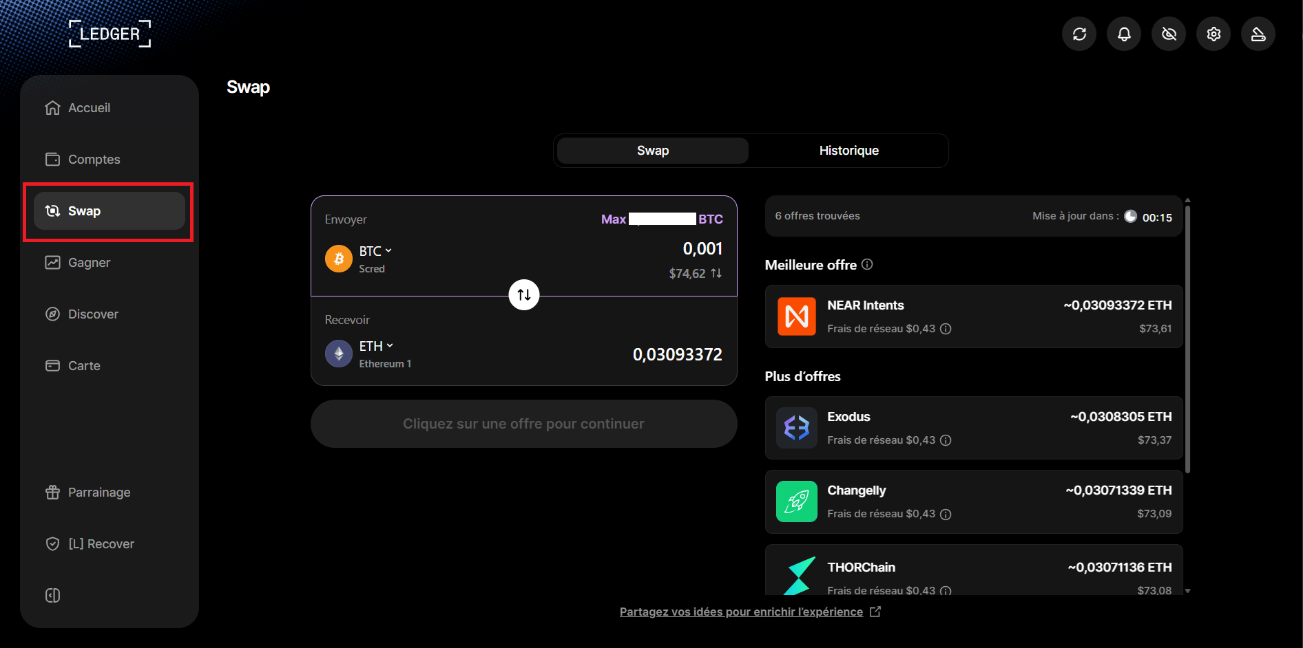 Ledger Wallet permet de swapper des crypto via de nombreux partenaires