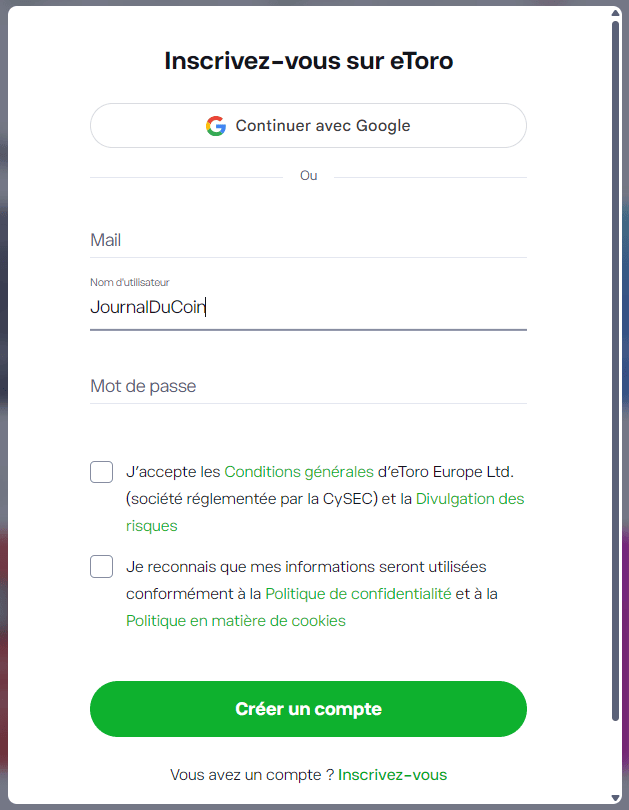 Création de compte sur eToro