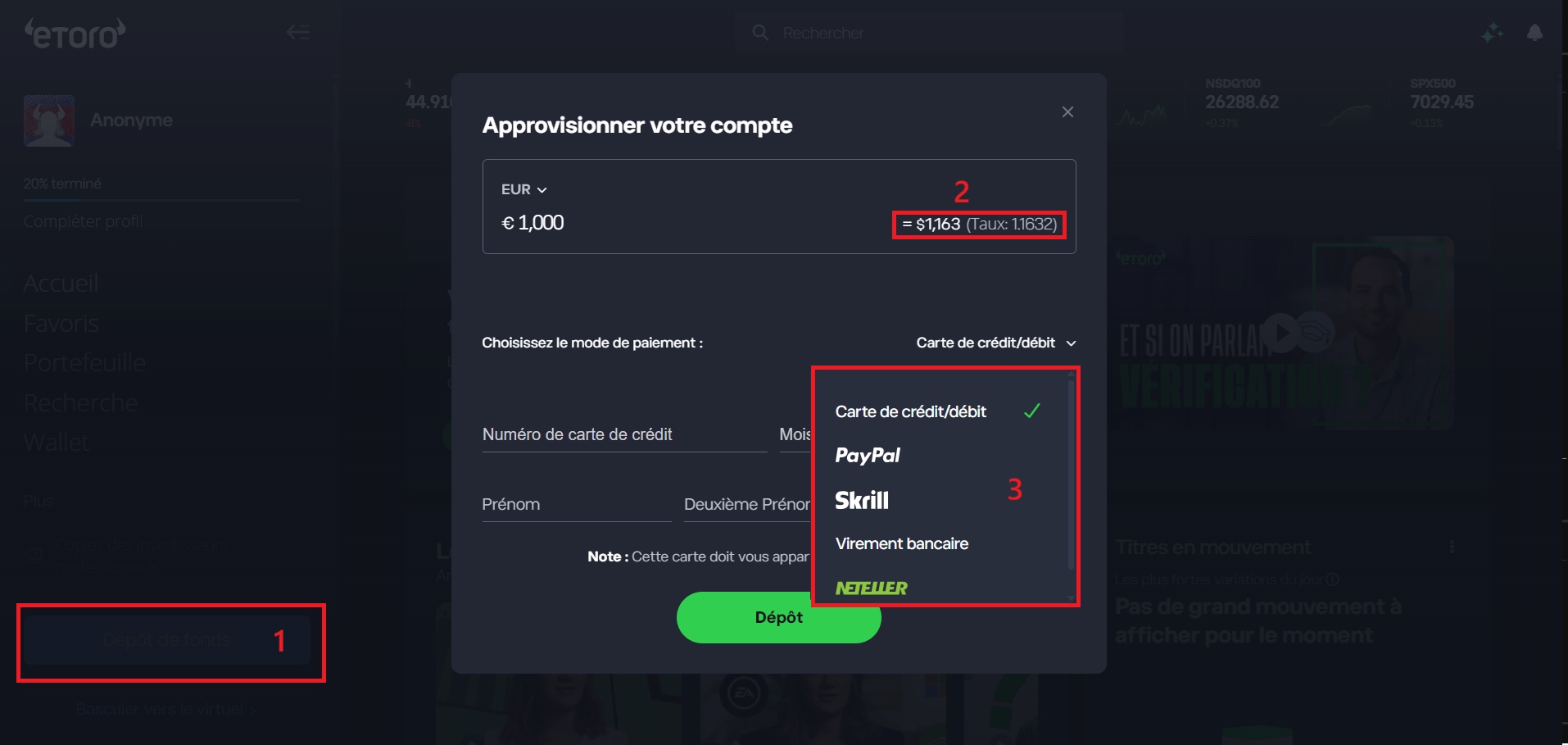 Les dépots sont simples sur eToro